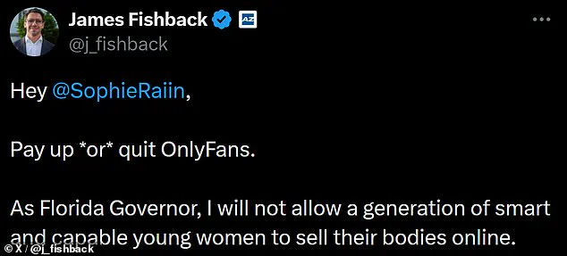 Florida Governor Candidate James Fishback Faces Backlash Over Proposed 'Sin Tax' on OnlyFans Creators, as Sophie Rain Condemns Policy as Unfair and Misguided