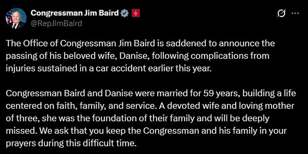 Congressman Jim Baird's Wife Dies After Car Accident; 59-Year Marriage Highlighted in Tribute