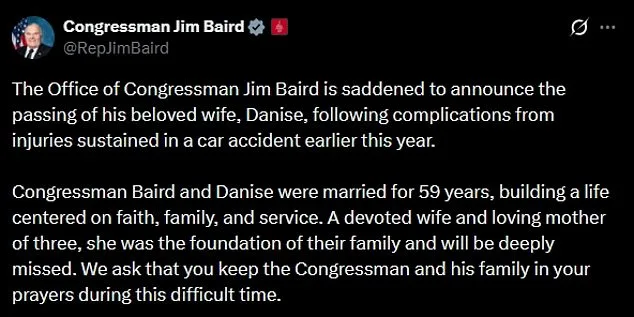 Congressman Jim Baird's Wife Dies After Car Accident; 59-Year Marriage Highlighted in Tribute