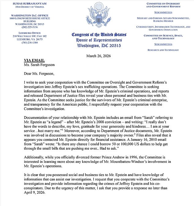 Congressman Calls on Sarah Ferguson to Testify Over Alleged Ties to Epstein's Sex Trafficking Network