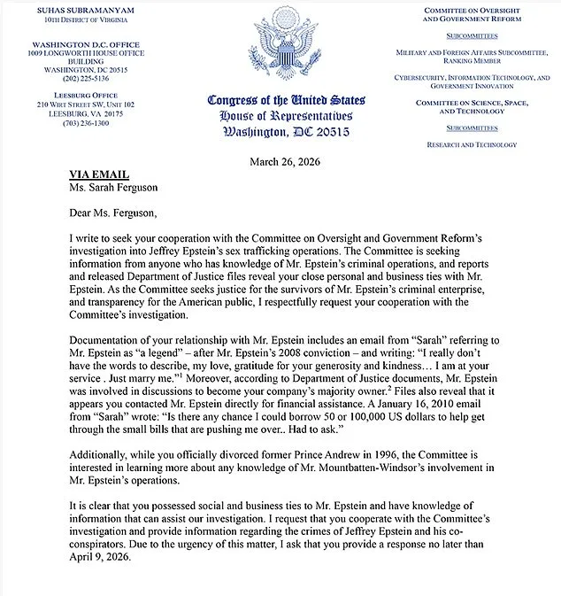 Congressman Calls on Sarah Ferguson to Testify Over Alleged Ties to Epstein's Sex Trafficking Network