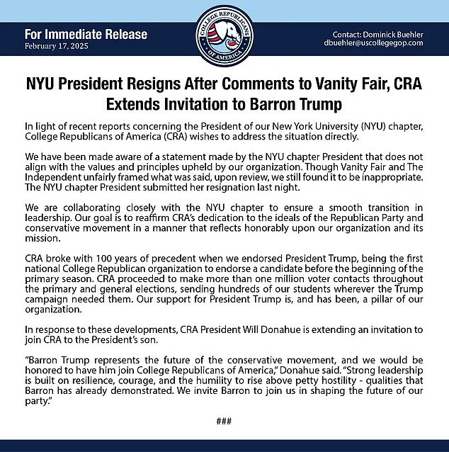 Controversial Comments About Barron Trump Lead to NYU College Republicans' Proposal for Unique Solution