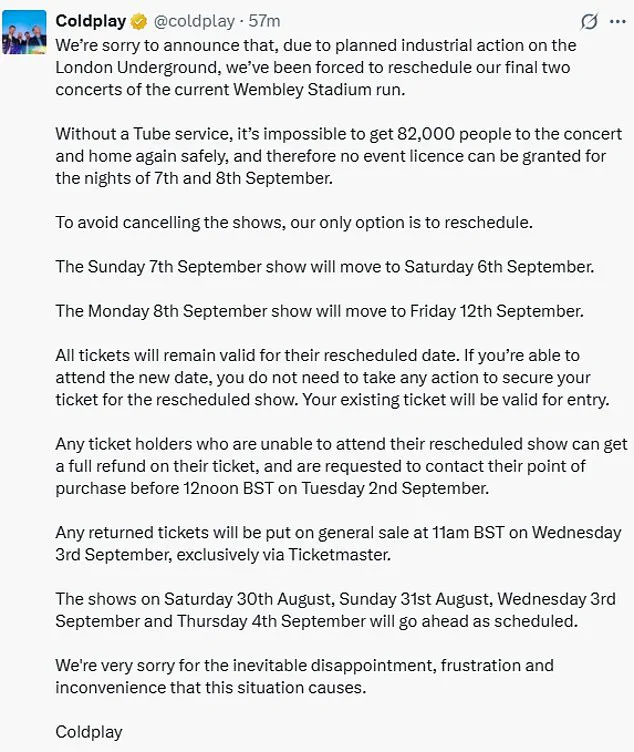 Coldplay's Ethical Dilemma: Rescheduling Wembley Shows Amid Limited Access to Transport Strike Information